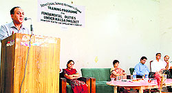 District and Sessions Judge RK Sharma addresses teachers in Chamba on Sunday.