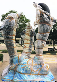 The statues of dolphins to be installed at the ITI Chowk in Bathinda.