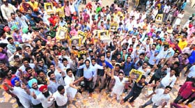 Activists of the Students Organisation of India in a jubilant mood after its party panel was announced at the Student Centre in Panjab University, Chandigarh, on Monday.