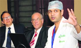 (From left) Prof Jean Francois, Dr Jean Patrick Bengini and Dr Ravul Jindal speak to mediapersons in Mohali on Monday.
