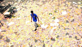 SOI leaflets lie scattered at Student Centre after the announcement of the office-bearers by the party on Monday.