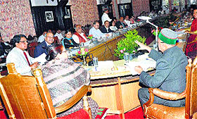 Governor Urmila Singh and CM Virbhadra Singh during a Child Welfare Council meeting in Shimla on Monday.