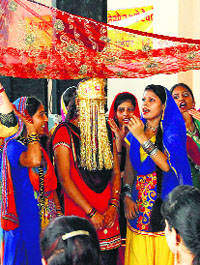 Students of Sant Namdev Girls College perform gidha at the annual function in Jalandhar on Monday.