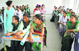 A class in progress on the first day of the academic session at the Senior Secondary Residential School for Meritorious Students in Ludhiana on Monday