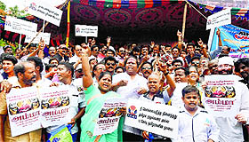 Representatives of the Tamil film industry protest outside the Sri Lankan Consulate in Chennai on Monday.