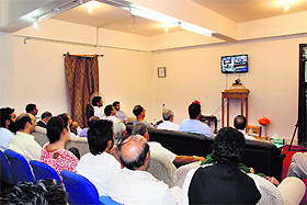 Students and faculty attend a live video-conference session with President Pranab Mukherjee at the Central University of Kashmir in Srinagar on Tuesday. 