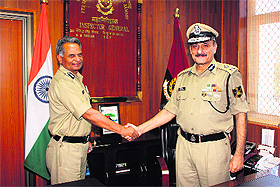 Rakesh Kumar Sharma (R) with SS Tomar in Jammu on Tuesday.