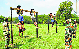 Youths take part in the Army recruitment drive at Dholewal Army Complex.