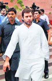 Congress vice-president Rahul Gandhi arrives at Parliament House for the Budget session in New Delhi on Tuesday.