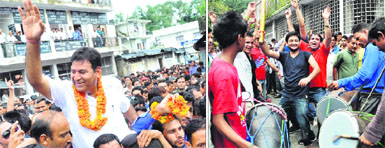 Chaman Singh,new Dehradun zila panchayat chief, celebrates at the Collectorate office in Dehradun on Tuesday; and (right) his suppoters dance to the beat of the dhol.