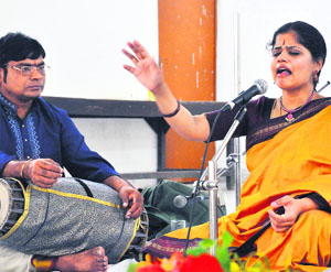Carnatic vocalist Sudha Raghuraman performs at a programme organised by SpicMacay at MKP College in Dehradun on Tuesday.