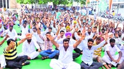 Municipal Corporation employees raise slogans against the government; and (below right) the MC office wears a deserted look due to the protest in Bathinda on Wednesday. photo: vijay kumar