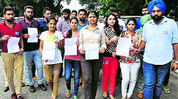 NSUI activists outside the Vice-Chancellors office at Panjab University on Wednesday