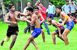 Government Model Senior Secondary School, Sector 40, and Government Model Senior Secondary School, Maloya, fight it out for the third spot at the Inter-School Circle Kabaddi Championship for Boys in Chandigarh on Wednesday