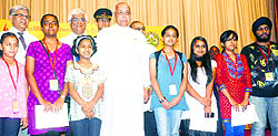 Haryana Governor Kaptan Singh Solanki with winners of the poster-making competition at the PGI in Chandigarh on Wednesday