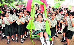 Students have fun during the Teej celebrations at Ashiana Public School, Sector 46, Chandigarh, on Wednesday