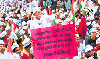 Protesters at an AAP rally seeking fresh elections in Delhi. 