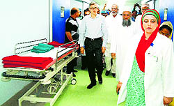 Chief Minister Omar Abdullah along with State Health Minister Taj Mohiuddin inspects a maternity hospital after its inauguration at Hazuri Bagh in Srinagar on Wednesday