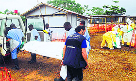Volunteers carry bodies in a centre run by Medecins Sans Frontieres for Ebola patients in Kailahun. 