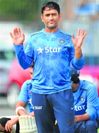 M S Dhoni gestures during a training session ahead of the Test match against England at the Old Trafford ground