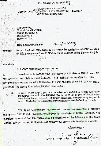 The letter that Manmohan Singh, Deputy Secretary, Department of Medical Education and Research, wrote to the MCI on July 9