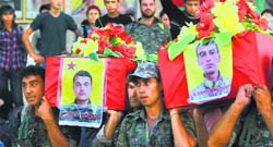 Members of the Kurdish units carry coffins of their fellow fighters in Syria. Reuters