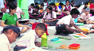 Students take part in a painting competition at Bal Bhawan in Chandigarh on Friday.