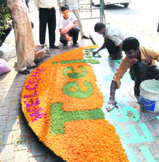 Preparations for the Teej celebrations under progress at the Shivalik Garden in Mani Majra on Friday.