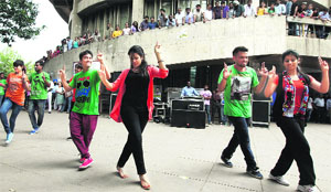 Students take part in a flash mob at the Student Centre of Panjab University, Chandigarh, on Friday.