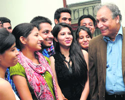 ICSSR chairperson Prof SK Throat interacts with students at Panjab University, Chandigarh, on Friday.