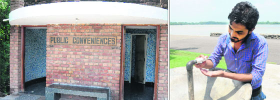 The toilets in a bad shape; and (right) a visitor looks for drinking water at a stand post at the Sukhna Lake.