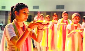 Students of KMV College participate in Saraswati Pujan on the college campus in Jalandhar.