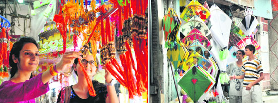 Girls select rakhis; and (right) boys select kites for Raksha Bandhan in Jammu.