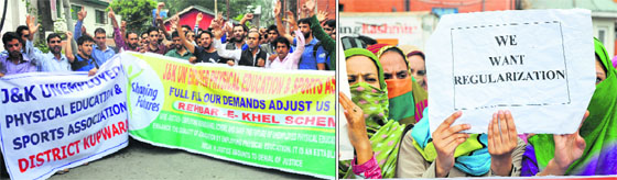 Members of the All Jammu and Kashmir Unemployed Physical Education and Sports Association raise slogans against the state government demanding regularisation of their services; and (right) Members of the Jammu and Kashmir Polytechnic during a protest demanding regularisation in Srinagar on Friday.