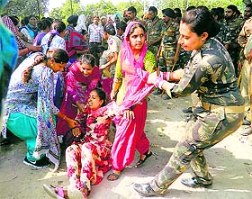 Nurses being rounded up at Talwandi Sabo on Friday. A Tribune photo