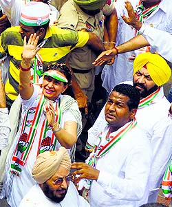 Congress candidate Preneet Kaur during a road show in Patiala on Friday. 