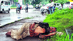 The sick man lying on a pavement near the Mansa Devi Complex, Sector 5, Panchkula, on Saturday