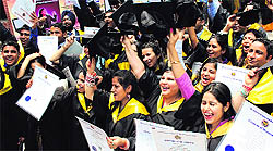 Students in a jubilant mood after receiving degrees during the convocation cermony at the GMCH-32 in Chandigarh on Saturday