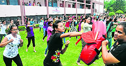 Students get trained in self-defence techniques at the Dev Samaj College for Women, Sector 45, Chandigarh, on Saturday