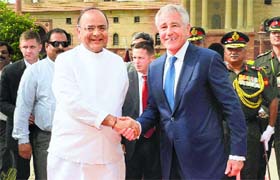 Arun Jaitley with US Defence Secretary Chuck Hagel at South Block in New Delhi on Friday.