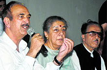 Congress leaders Ghulam Nabi Azad, Ambika Soni and Saifuddin Soz at a party function in Kathua on Saturday