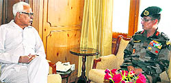 Governor NN Vohra interacts with Lt Gen Subrata Saha, GOC, 15 Corps, at the Raj Bhawan in Srinagar on Saturday