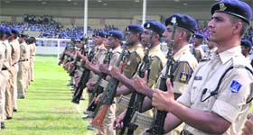 CRPF jawans participate in a rehearsal for the Independence Day function in Jalandhar on Saturday.