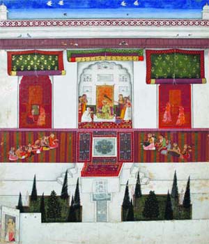 King Kamsa speaks to confidantes in his palace