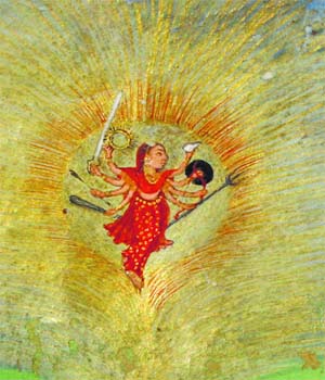 The goddess Yogmaya flies heavenwards. Folio from the Mandi Bhagavata Purana series. Ca. 1645; Private collection