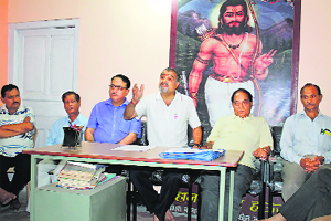 Members of the Brahmin Pratinidhi Sabha and others address the media in Chamba on Friday
