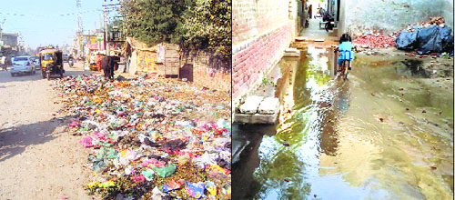 Heaps of garbage scattered on Raikot Road and (right); a child wades through a waterlogged street in Jagraon.