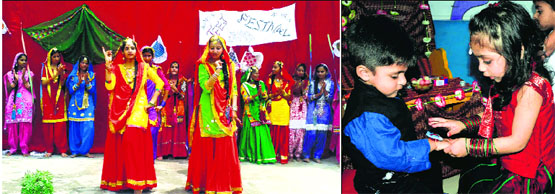 Girls celebrate Teej at Hargobind Public School, Thhakkarwal; and (right) a girl ties a rakhi on her classmate’s wrist at Mothers Pride School