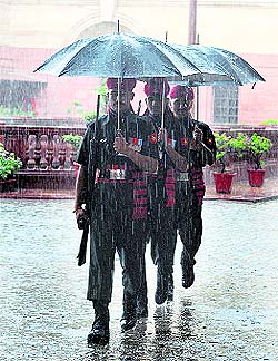 Army jawans during the change of duty at Rashtrapati Bhavan in New Delhi on Sunday. 