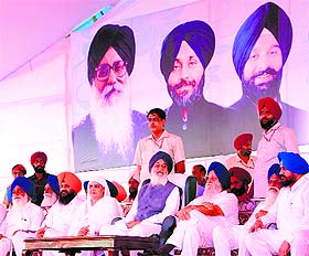 Chief Minister Parkash Singh Badal, Khadoor Sahib MP Ranjit Singh Brahmpura, Bholath MLA Jagir Kaur and other Shiromani Akali Dal leaders at the party rally in Baba Bakala on Sunday.